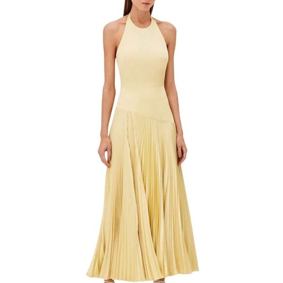 Saab Pleated Drop Waist Alexis Women's Yellow Satin Halter Maxi Dress Size Large - Picture 1 of 13